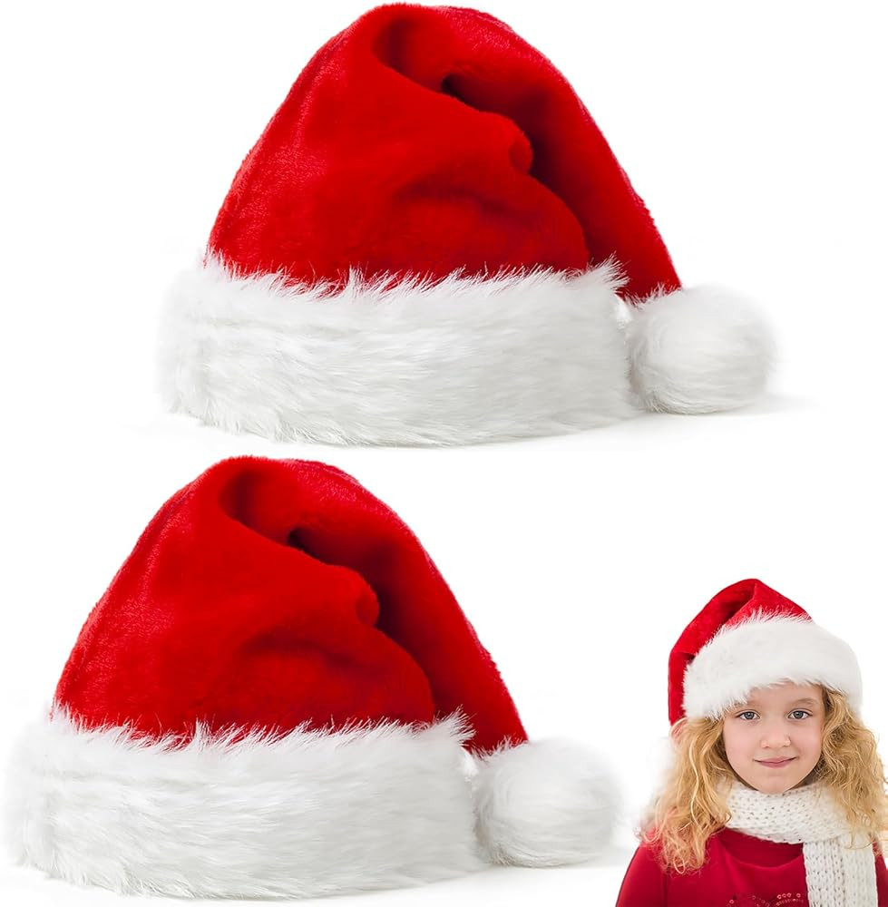 Red Santa Hat for Kids 2 Pack Children Christmas Hats Plush Xmas Hat for Child Christmas New Year... | Amazon (US)