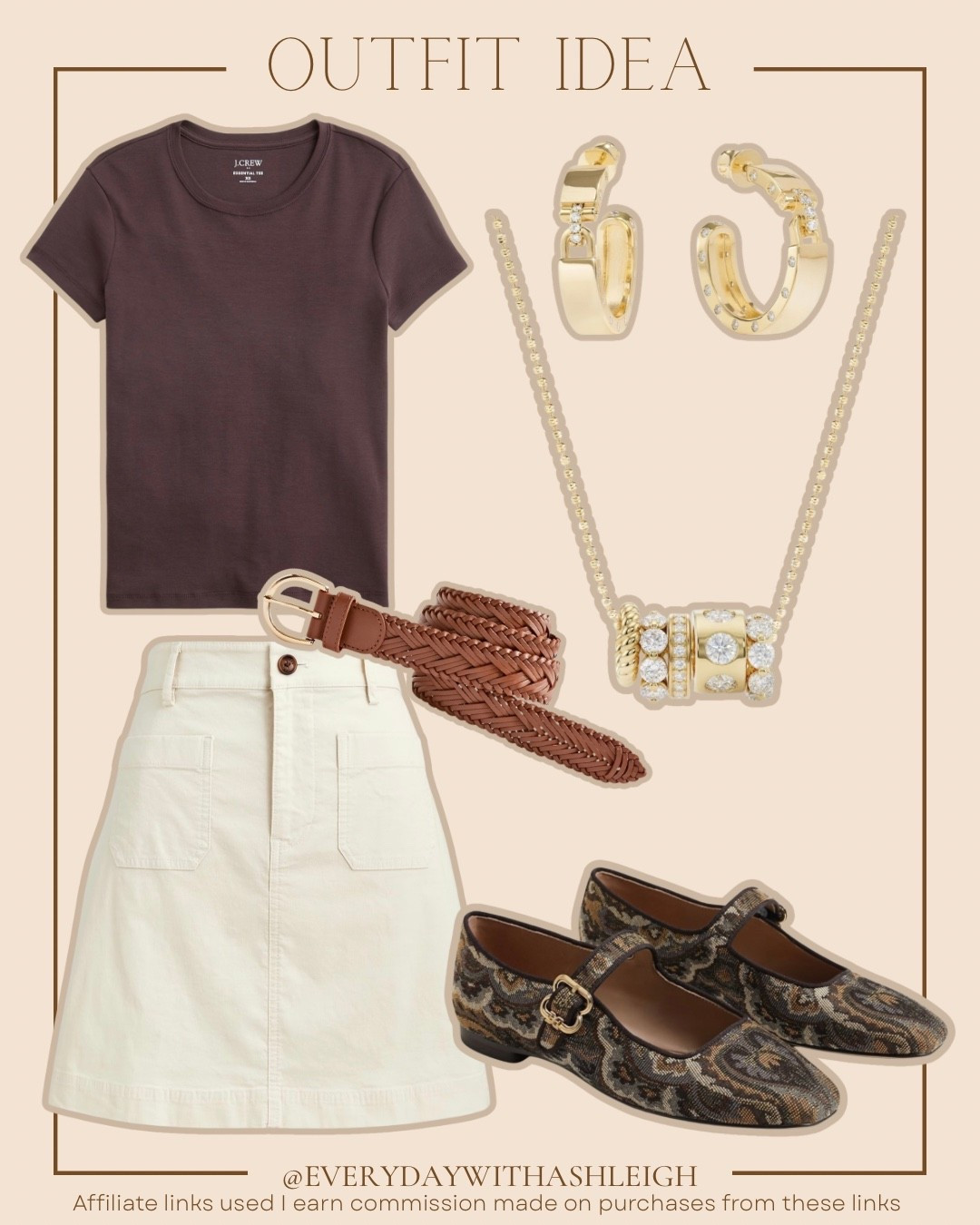 Soft Autumn outfit idea 🤎 Espresso brown tee + ivory utility skirt + woven leather belt for the perfect warm neutral look. Elevated everyday style with gold statement jewelry and patterned Mary Janes. #SoftAutumnStyle #NeutralOutfit #FallColorPalette #ClassicStyle 
#SoftAutumn
#SoftAutumnStyle
#WarmNeutrals
#NeutralOutfit
#BrownAndCream
#FallColorPalette
#ClassicStyle
#EverydayOutfit

#LTKootd #LTKdayinmylife