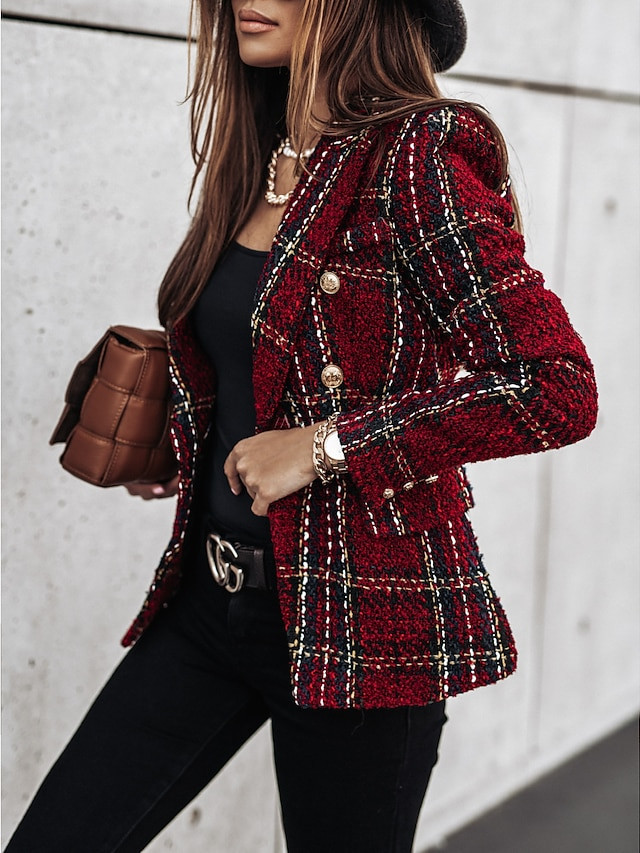 Women's Blazer Tweed Plaid Long Sleeve Coat Fall Winter Business Double Breasted Regular Jacket G... | Lightinthebox