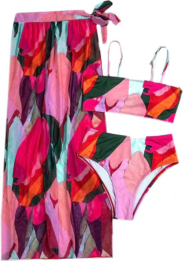 SOLY HUX Womend Red Green Pink Blue Color Block High Waisted 3 Piece Swimsuits Bikini Set with Skirt | Amazon (US)