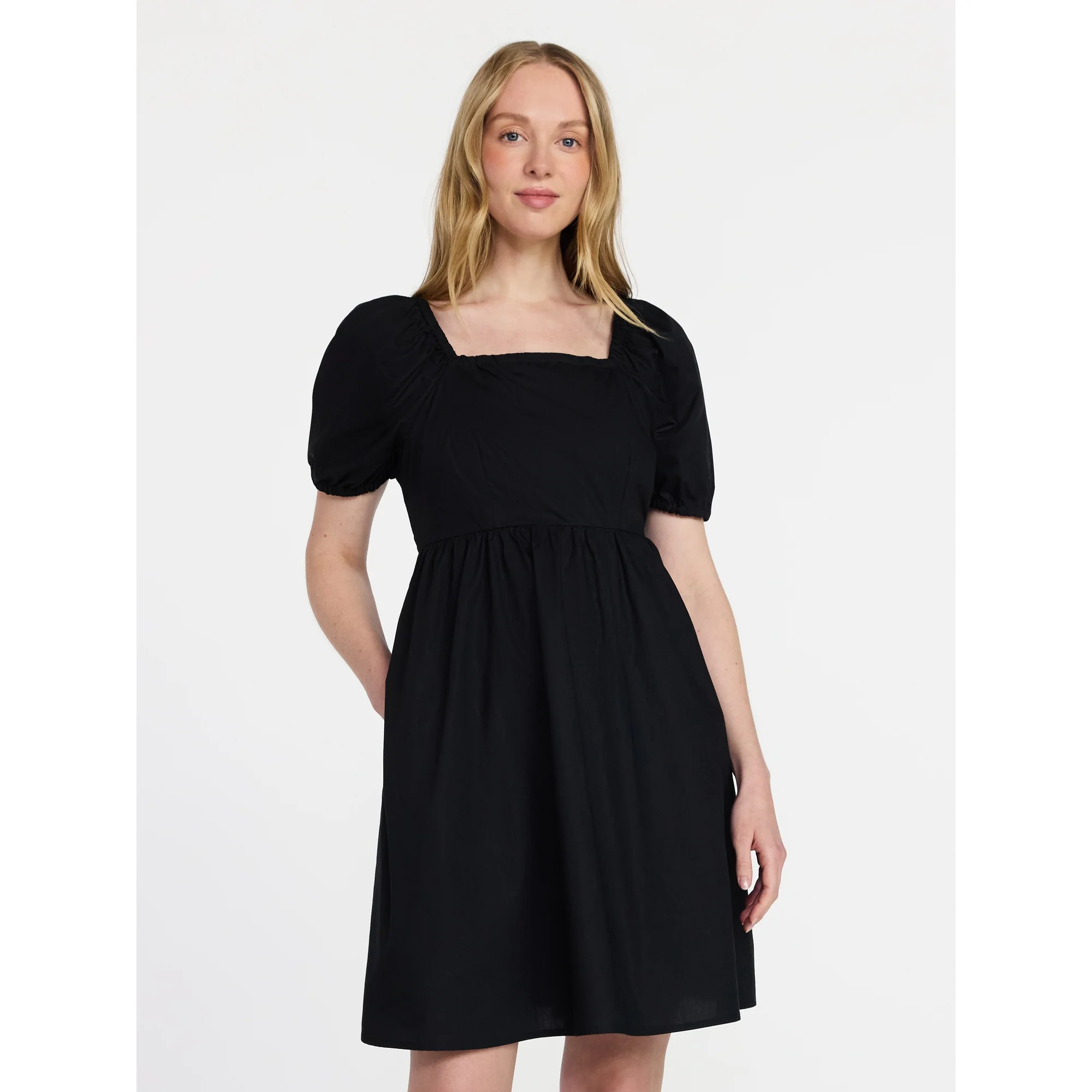 Time and Tru Women's and Women's Plus Tie Back Mini Dress with Puff Sleeves, Sizes XS-4X | Walmart (US)
