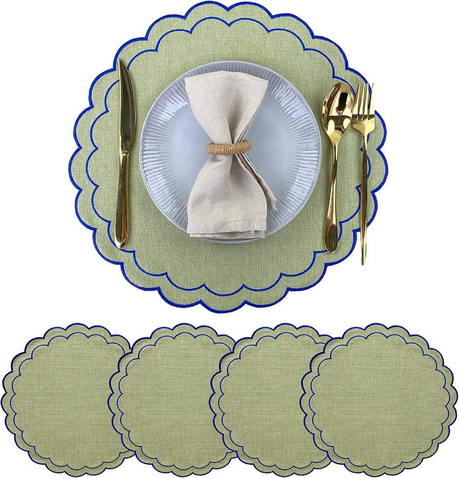 Linen Cotton Placemats Set of 4 Scalloped Flower Embroidery Place Mats 15'' Natural Linen Texture... | Amazon (US)