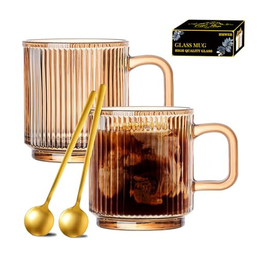 HMWEB Glass Coffee Mug Espresso Cups for Coffee 12 oz Classical Vertical Stripes Glass Tea Cups Transparent Glasses for Latte Juice Chocolate Gift | Amazon (US)