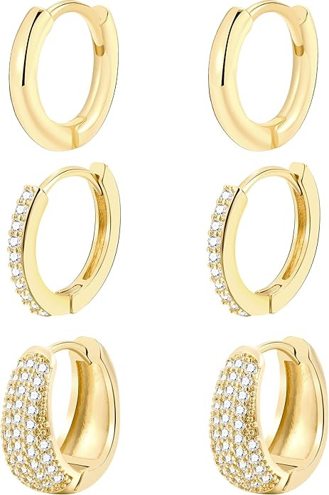 Gold Huggie Hoop Earrings Set for Women, 14K Gold Plated Trendy Hoops for Multiple Piercing, Smal... | Amazon (US)