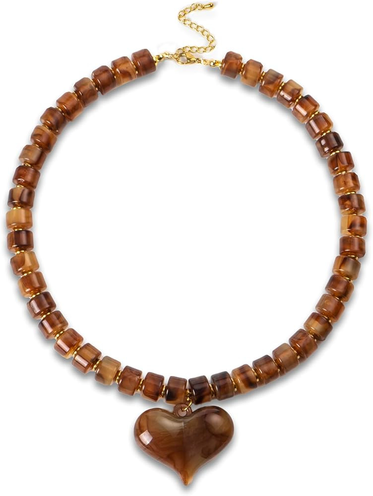 Brown Acrylic Puff Heart Pendant Necklace for Women Exaggerated Statement Chunky Resin Beaded Str... | Amazon (US)