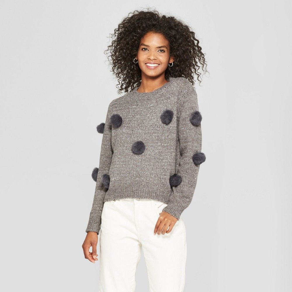 Women's Long Sleeve Faux Fur Detail Crew Neck Cropped Sweater - Cliche Gray L, Size: Small | Target