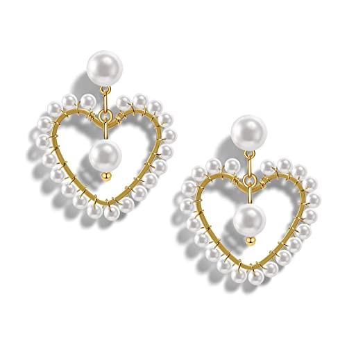 PopTopping Pearl Heart Drop Earrings Love Heart Dangle Earrings For Women Pearl Heart Hoop Earrings For Valentine's Day Mother's Day Birthday (Joyful Heart) | Amazon (US)