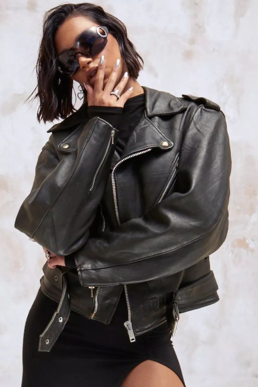 Kourtney Kardashian Barker Vintage Leather Biker Jacket | Boohoo.com (UK & IE)