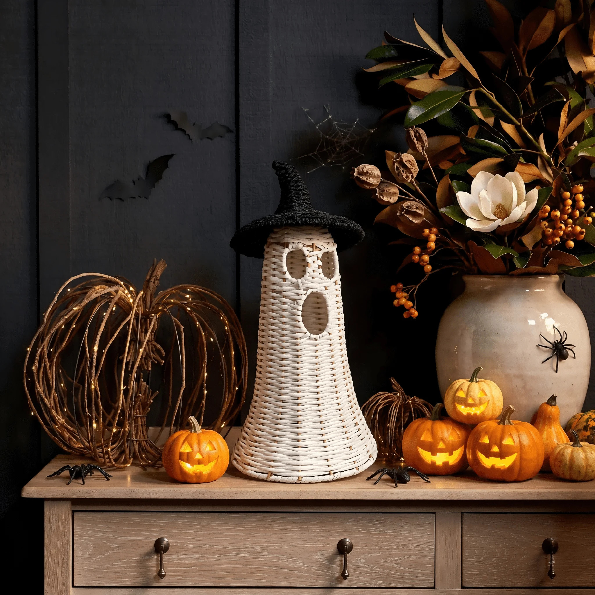 Guvpev 13.8" Handcrafted Woven Ghost - White Faux Rattan & Metal Ghost Figurine with Witch Hat, Halloween Spooky Table Centerpiece & Fall Porch Decor for Indoor Outdoor - Walmart.com | Walmart (US)