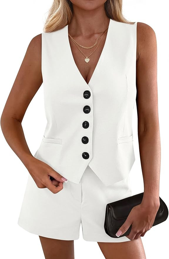 PRETTYGARDEN 2 Piece Sets for Women Spring Fashion 2026 Button Vest Tops High Waist Shorts Summer... | Amazon (US)