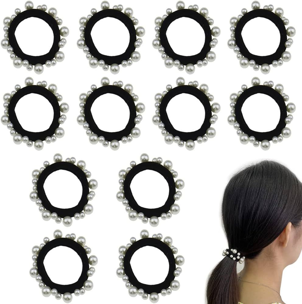 12 PCS Black Pearl Elastic Hair Bands Scrunchie Hair Ties Ponytail Holder Hair Ropes Hair Ring Ha... | Amazon (US)