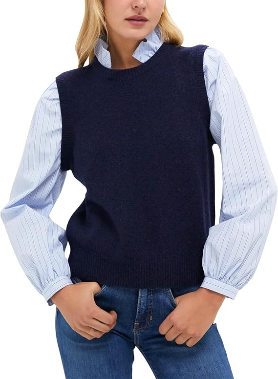 Lauweion Women's Mock Neck Patchwork Knit Sweater Casual Long Puff Sleeve Ruffle Collar 2 in 1 St... | Amazon (US)