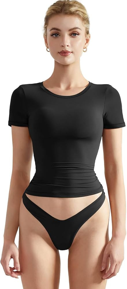 SUUKSESS Women Double Lined Fitted Basic Tee Crew Neck Short Sleeve Y2K Crop Top | Amazon (US)