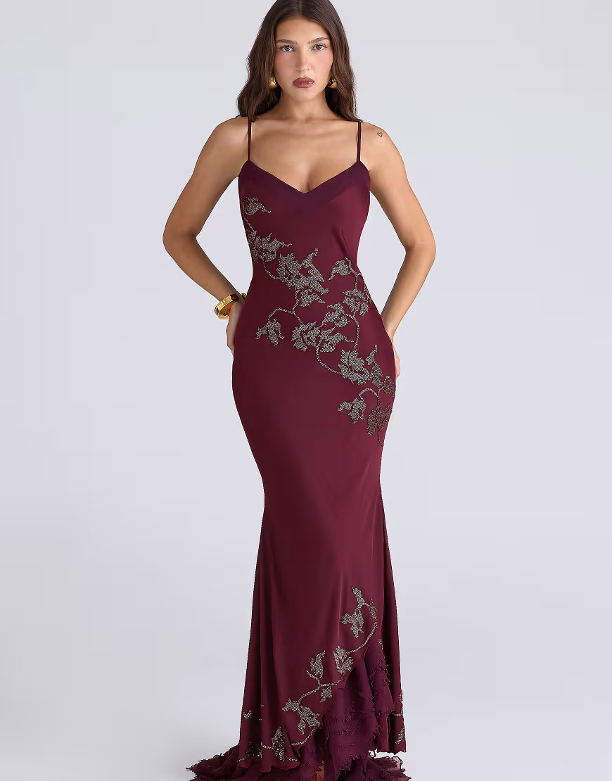 House of CB Anastelle plum hand beaded embellished satin maxi gown - limited edition in plum-Red | ASOS (Global)