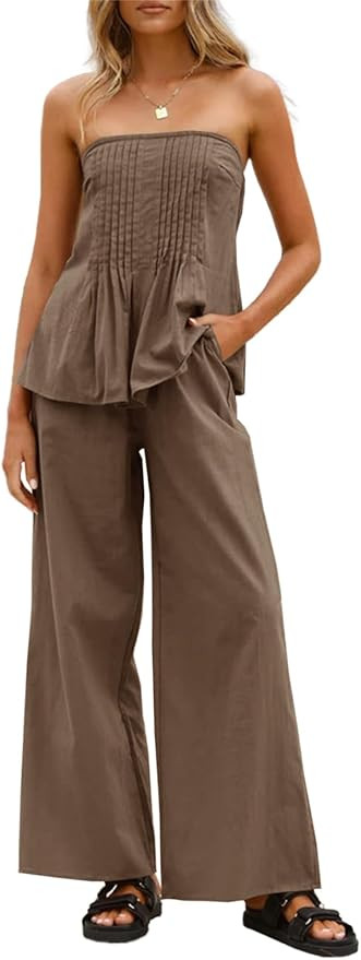 Tankaneo Womens 2 Piece Outfits Summer Strapless Tube Tops Wide Leg Pants Cotton Vacation Pleated... | Amazon (US)