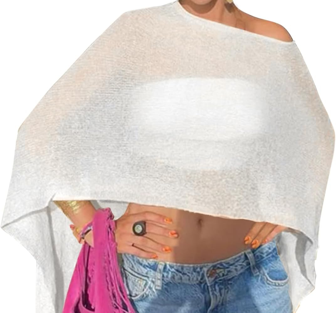 Drop Shoulder Sheer Crochet Vacation Outfits Poncho Sweater Top Summer Beach Cover Up | Amazon (US)