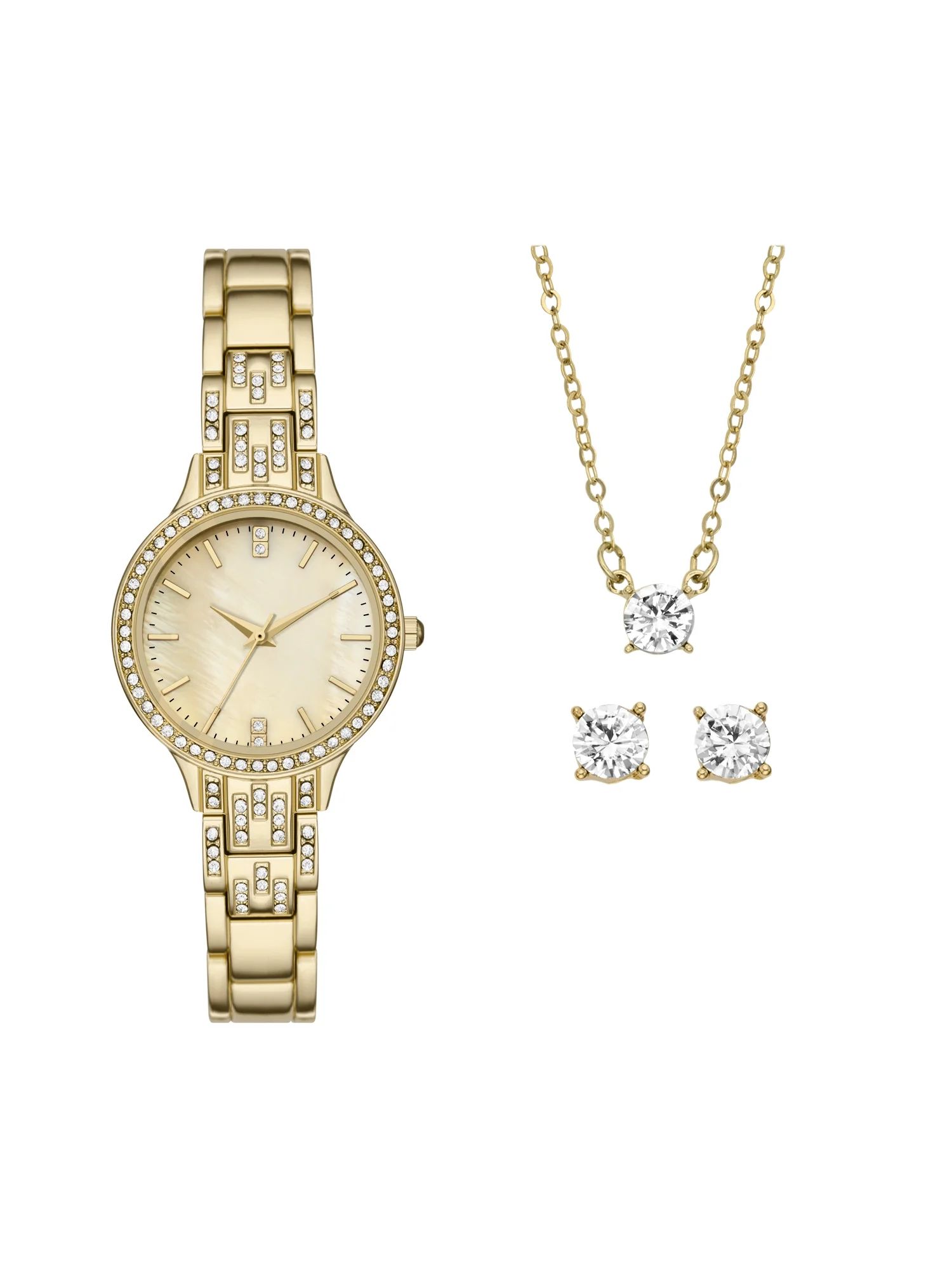 Folio Women's Watch Gift Set: Gold Round Case, Mother of Pearl Dial and 3 Link Bracelet with Crys... | Walmart (US)