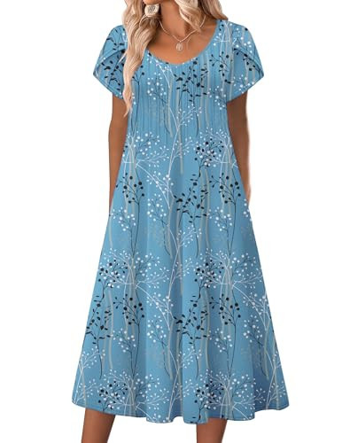 Zeagoo Womens Casual Summer Dresses Short Sleeve Midi Dress Pleated A Line Casual Dress Spring Tropical Beach Dresses with Pockets Plants-BlueMedium | Amazon (US)