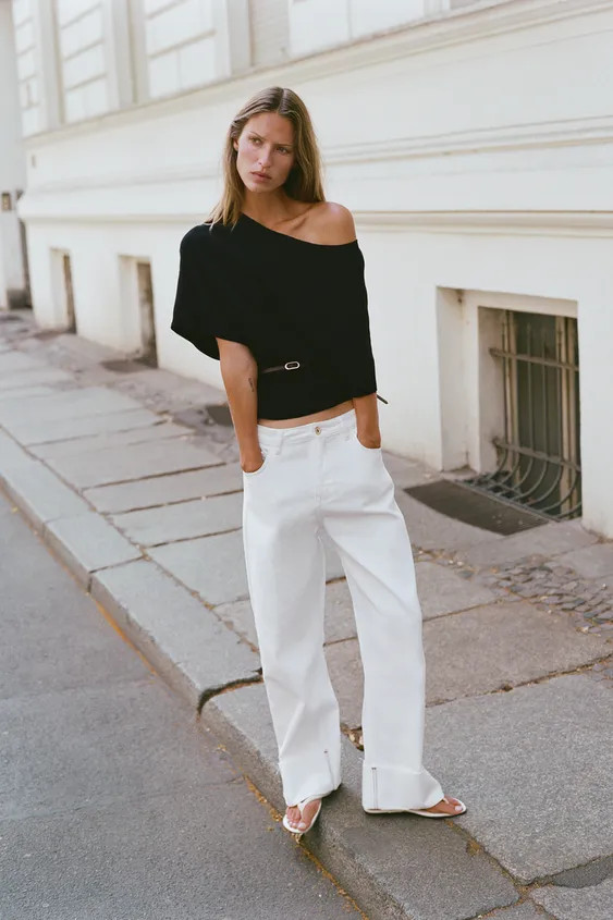 Boat neck top with wide short sleeves. Fitted waist with a thin belt. | Zara US