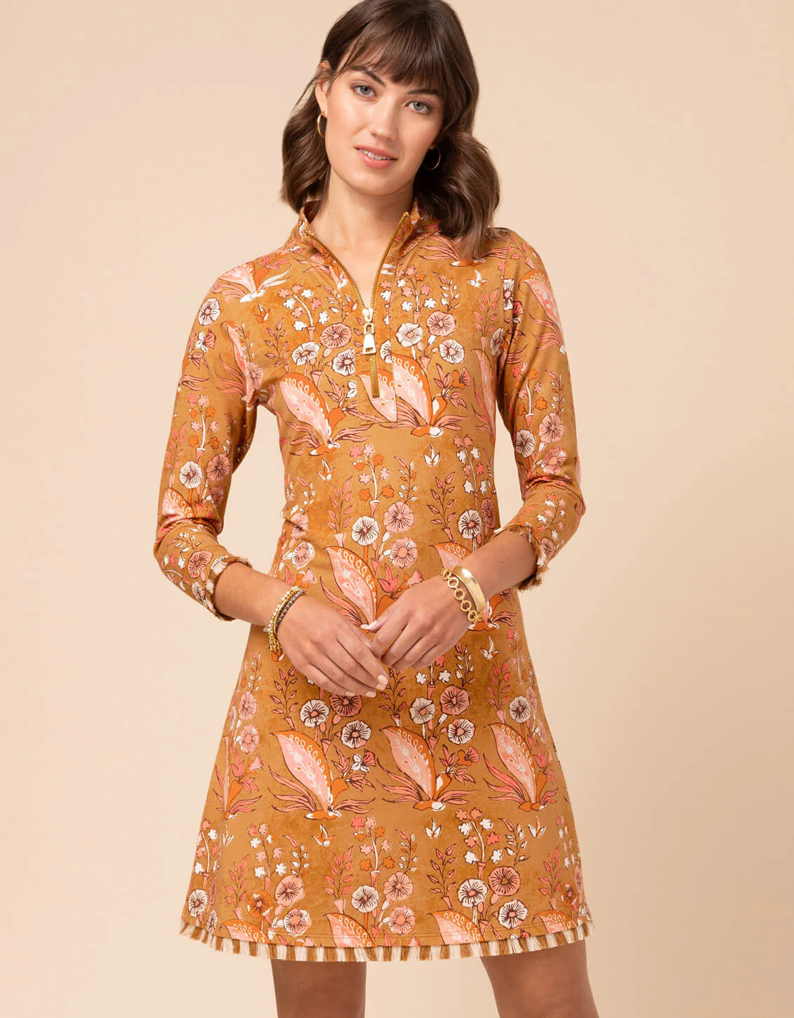 Nora Half-Zip Fringe Dress Mercer House Woodblock Floral Brown | Spartina 449