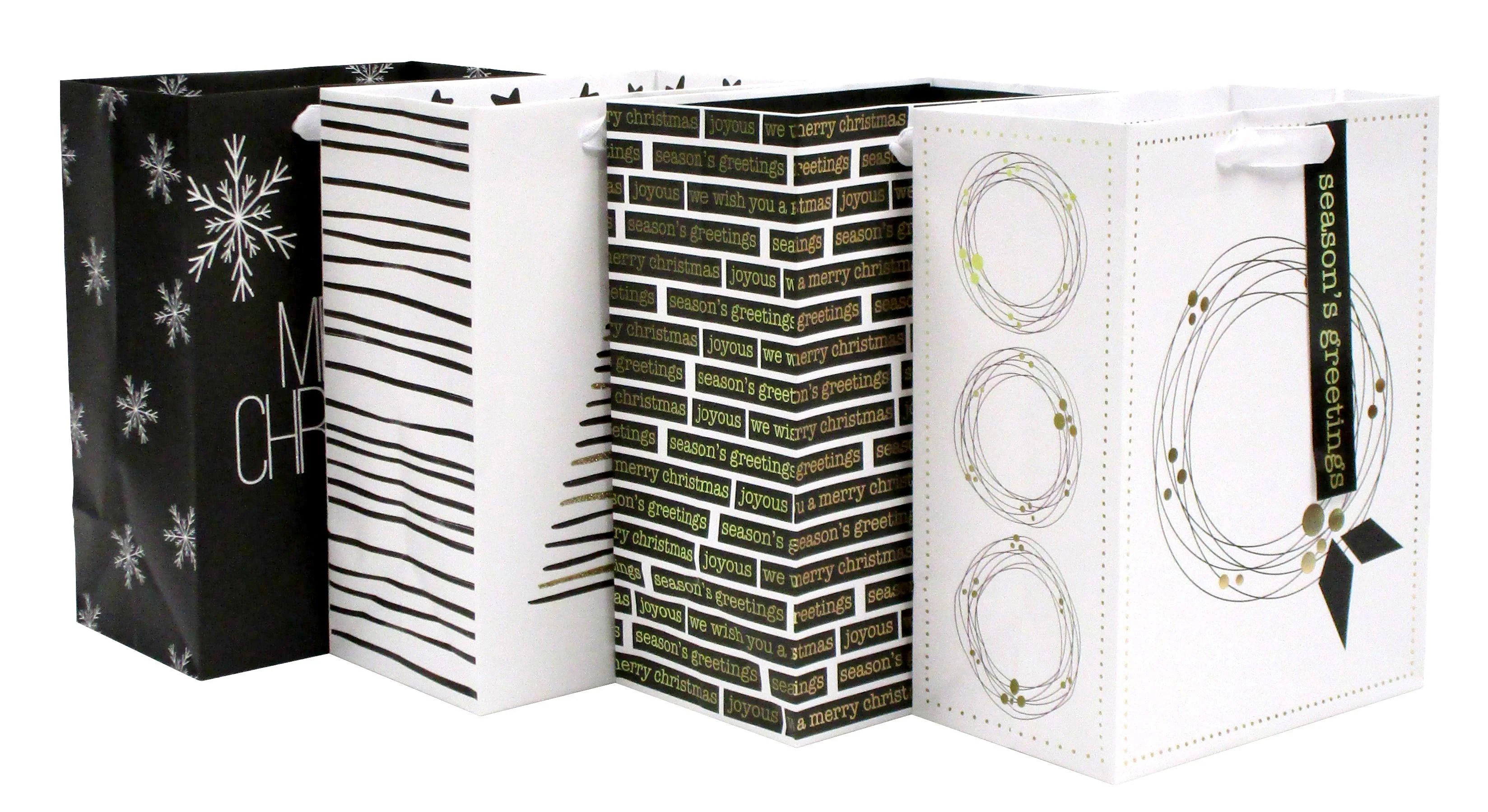 Black and White Assorted Gift Bags, 4 Count, 7.5 in x 4.5 in x 9.875 in, by Holiday Time | Walmart (US)