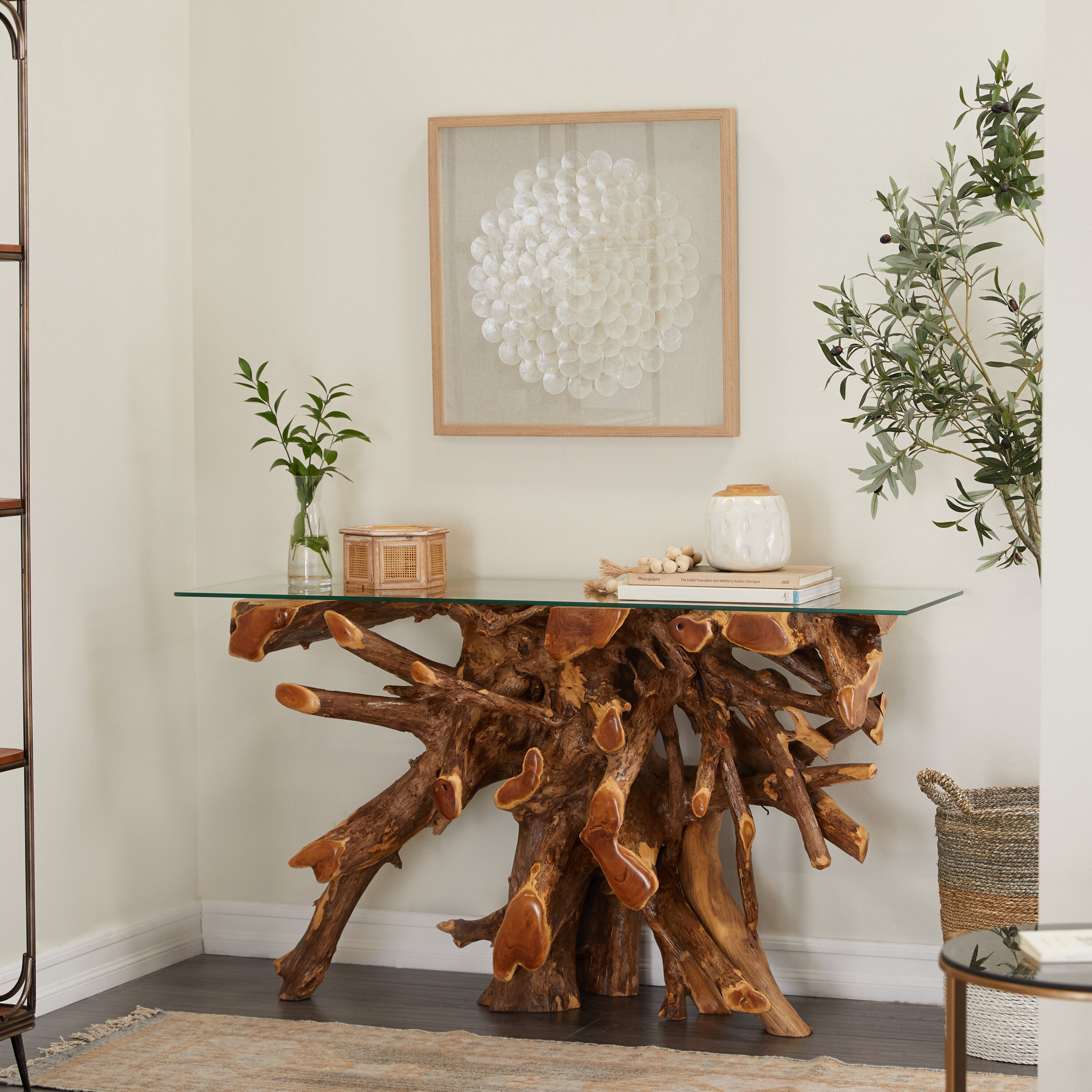 Grayson Lane Modern Handmade Live Edge Tree Stump with Clear Glass Top Console Table in Brown | 75570 | Lowe's