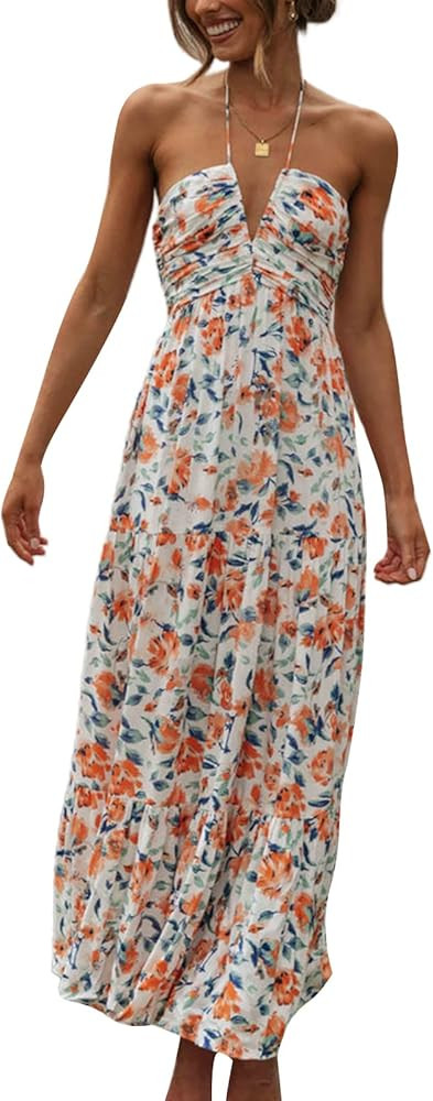 Women's Halter Neck Floral Maxi Dress 2024 Summer Boho Long Sundress Sexy Sleeveless Backless Flo... | Amazon (US)