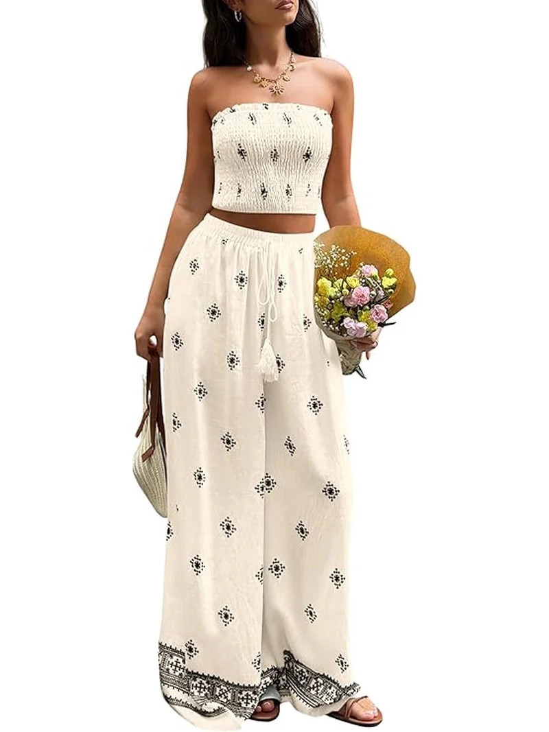 PRETTYGARDEN 2 Piece Sets for Women Summer Travel Outfits Print Tube Tops Wide Leg Pants Beach Va... | Walmart (US)