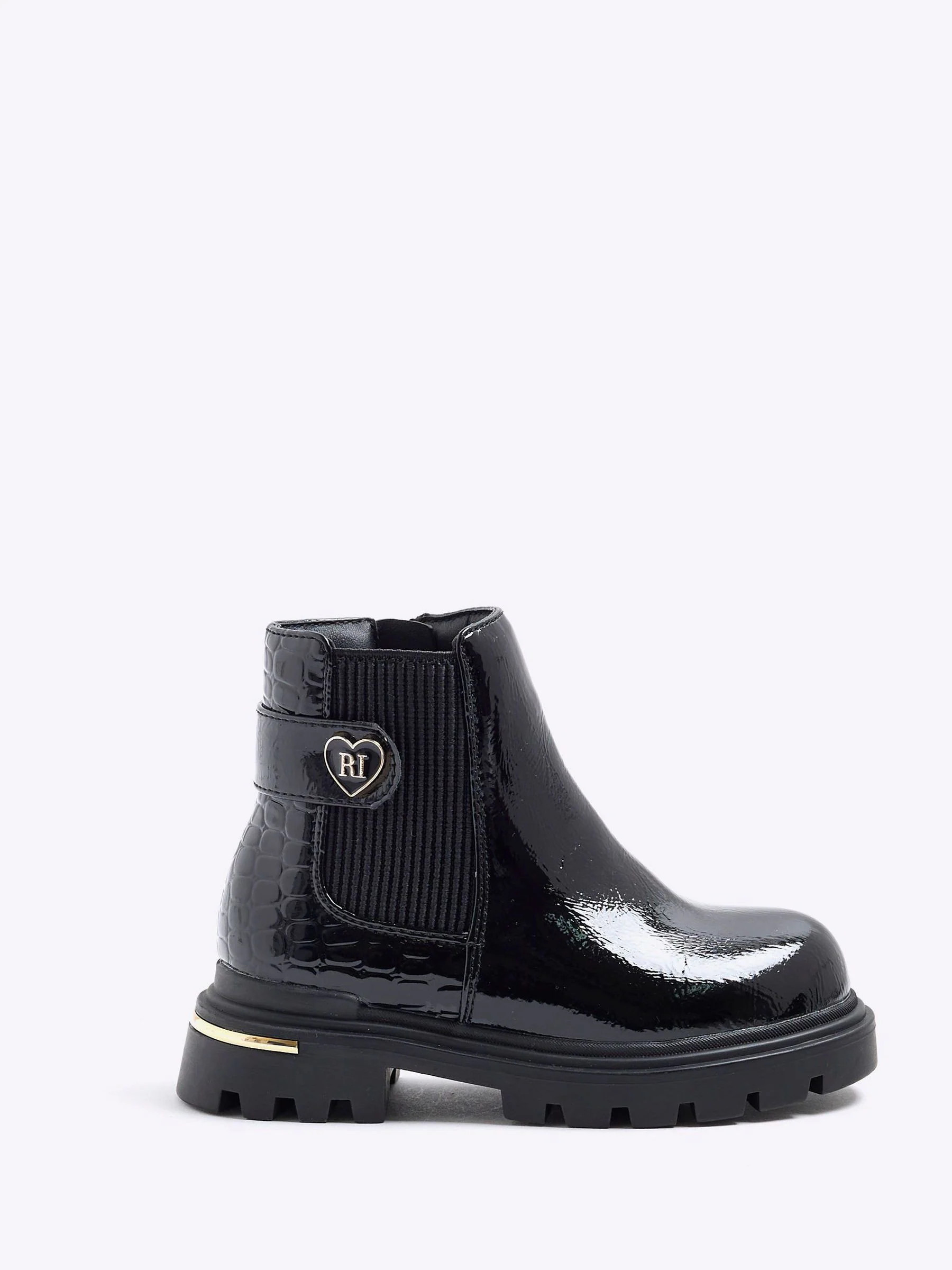 River Island River Island Black Patent Heart Print Strap Chelsea Boots | Next US