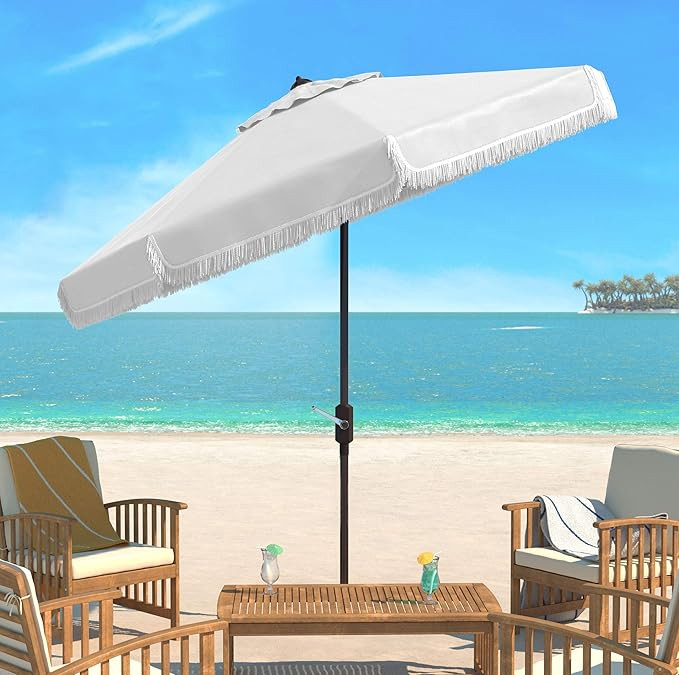 Safavieh PAT8008C Collection Milan Fringe 9Ft Crank Outdoor Push Button Tilt Umbrella, White/Whit... | Amazon (US)