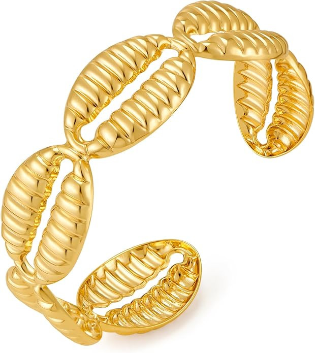 Gold Seashell Cuff Bracelets for Women Stackable Beach Surfer Striped Wave Bracelets Adjustable C... | Amazon (US)