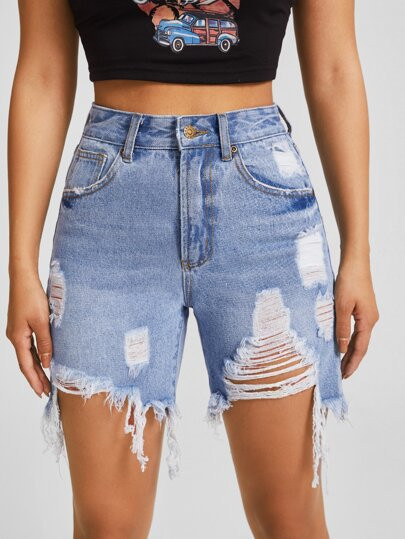 High Waist Ripped Raw Hem Denim Shorts | SHEIN