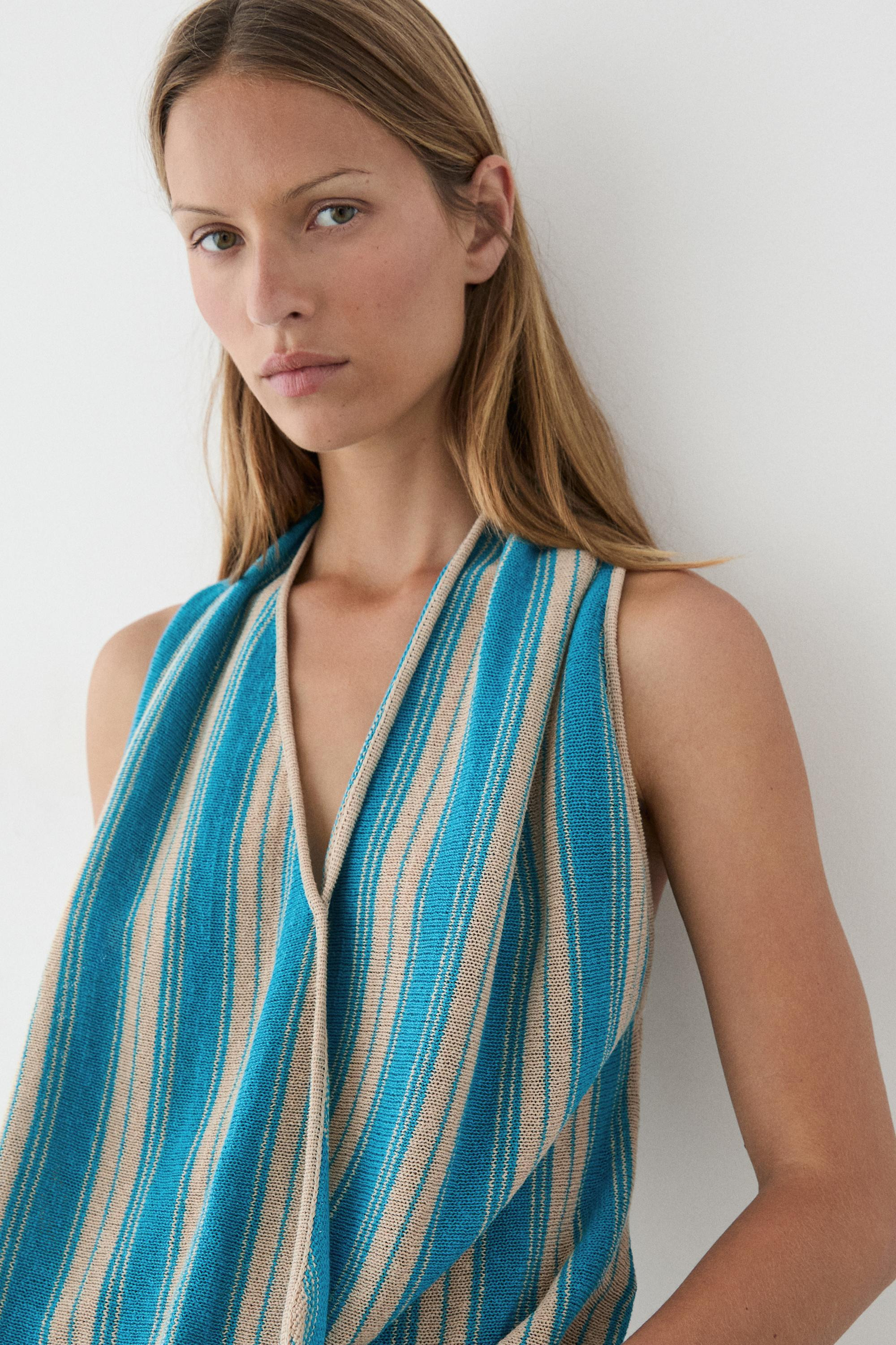 Striped linen blend surplice top | Massimo Dutti US
