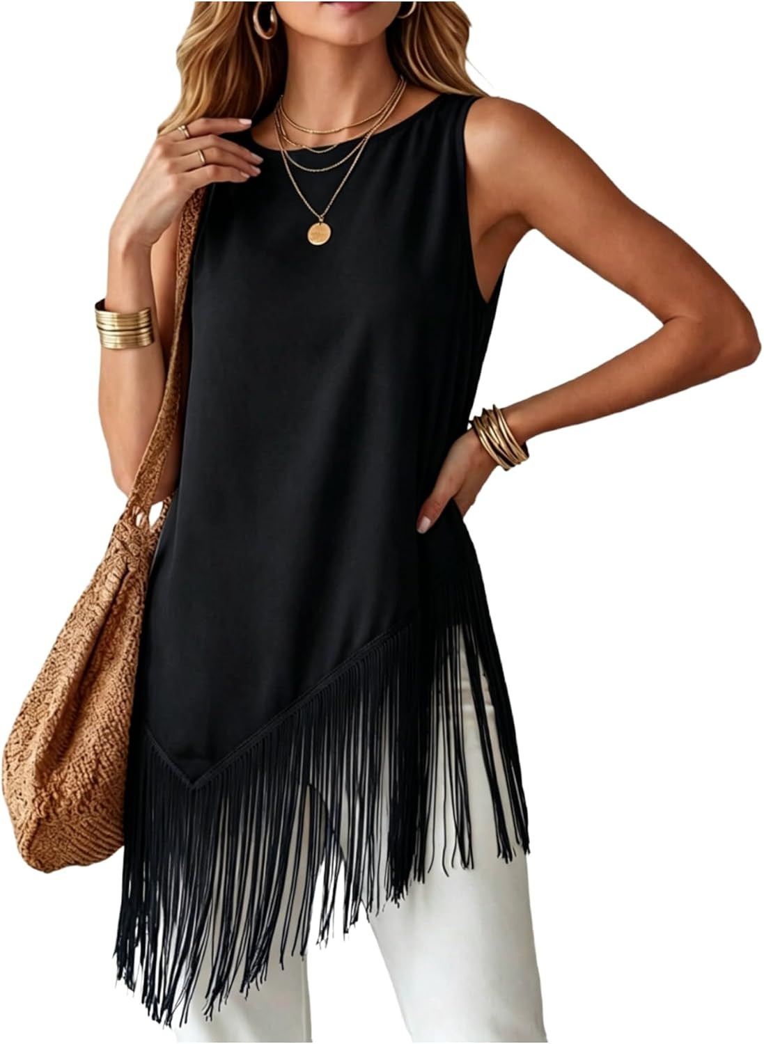 MakeMeChic Womens Fringe Hem Sleeveless Crew Neck Tank Top | Amazon (US)