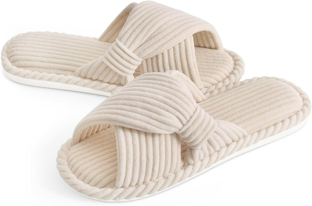 Evshine Summer House Slippers for Women Corduroy Cross Bow Indoor Slippers Open Toe Slip On Bedro... | Amazon (US)