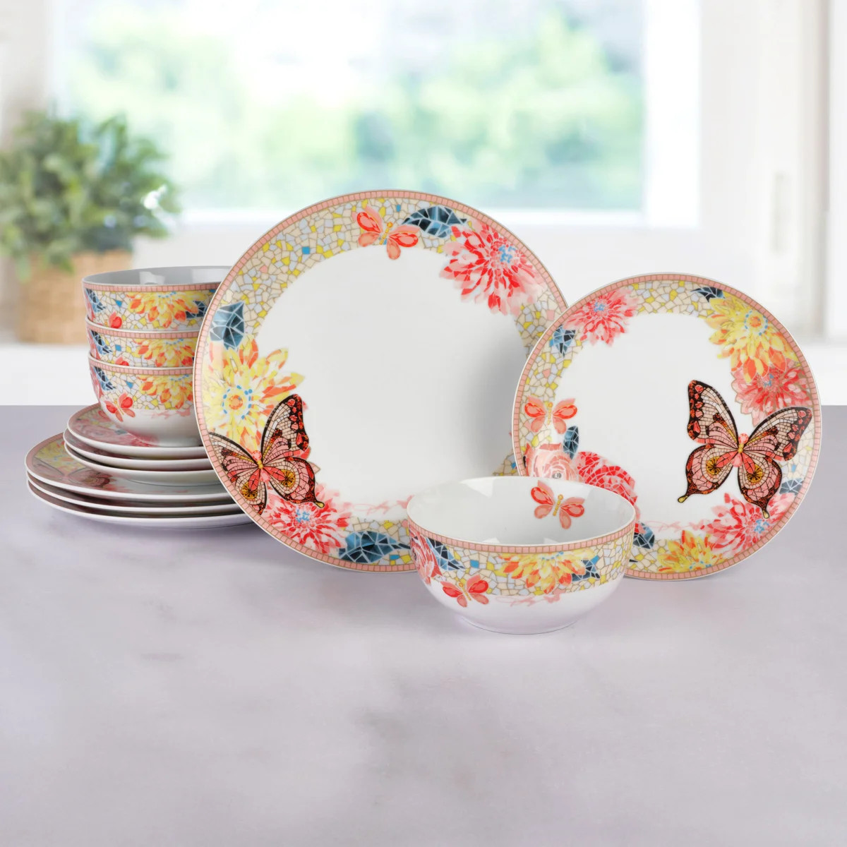 Dolly Parton Jeweled Mosaic Butterfly 12-Piece Dinnerware Set, Service For 4 | Wayfair North America