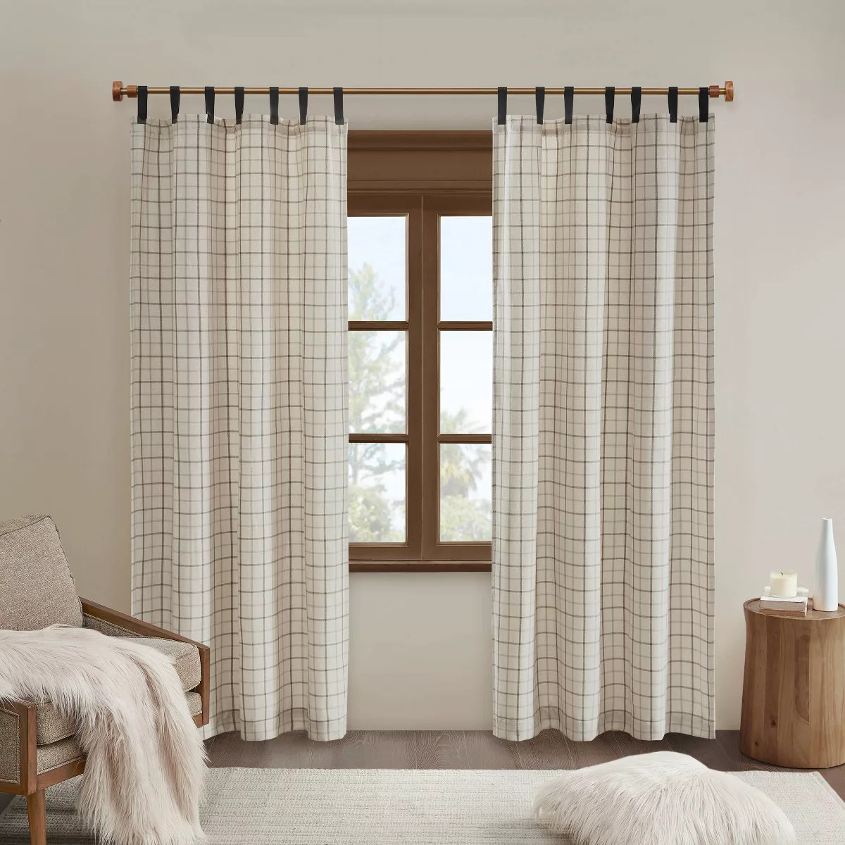 50"x84" Madison Park Light Filtering Preston Plaid Faux Leather Tab Top Curtain Panel with Fleece... | Target
