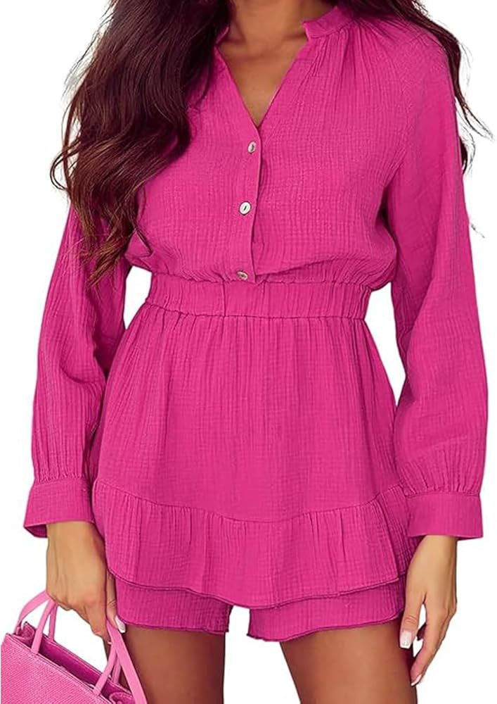 Women's Casual Textured Tiered Ruffled Romper Long Sleeve V Neck Button High Waist Solid Daily Ju... | Amazon (US)
