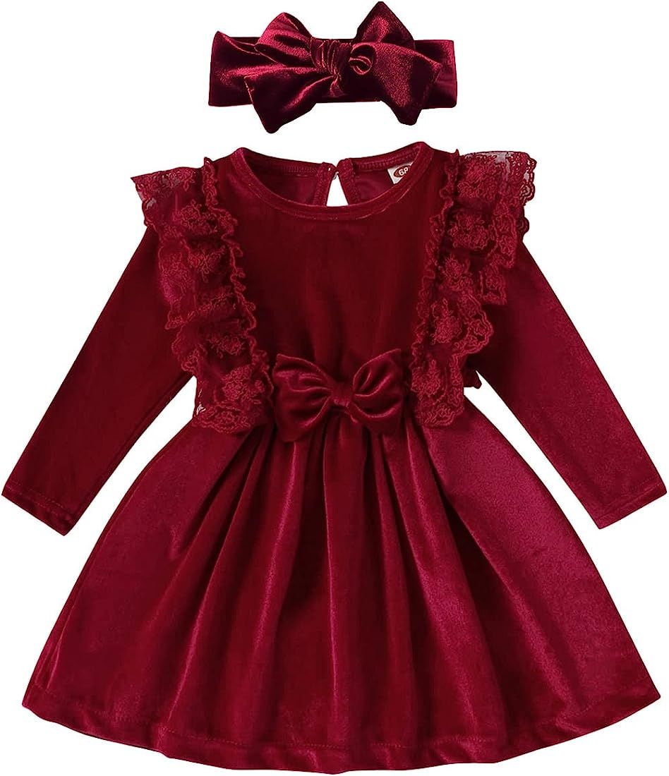 Baby Girls Velvet Lace Ruffle Dress for Kids Princess Vintage Evening Dresses with Headband Chris... | Amazon (US)