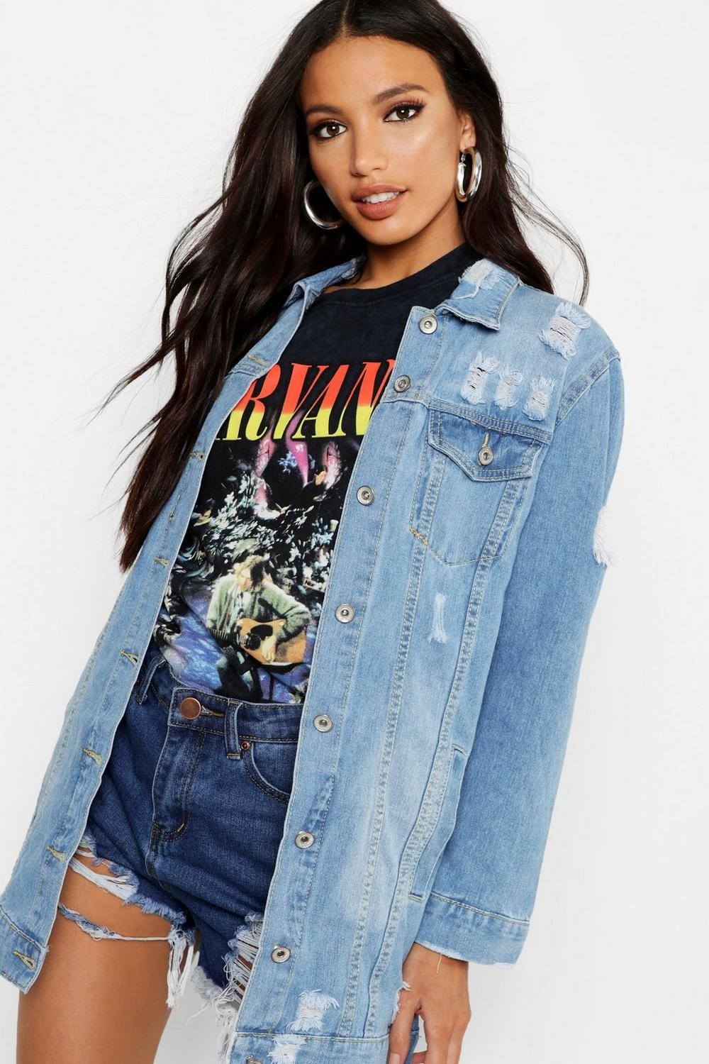Longline Distressed Denim Jacket | Boohoo.com (US & CA)