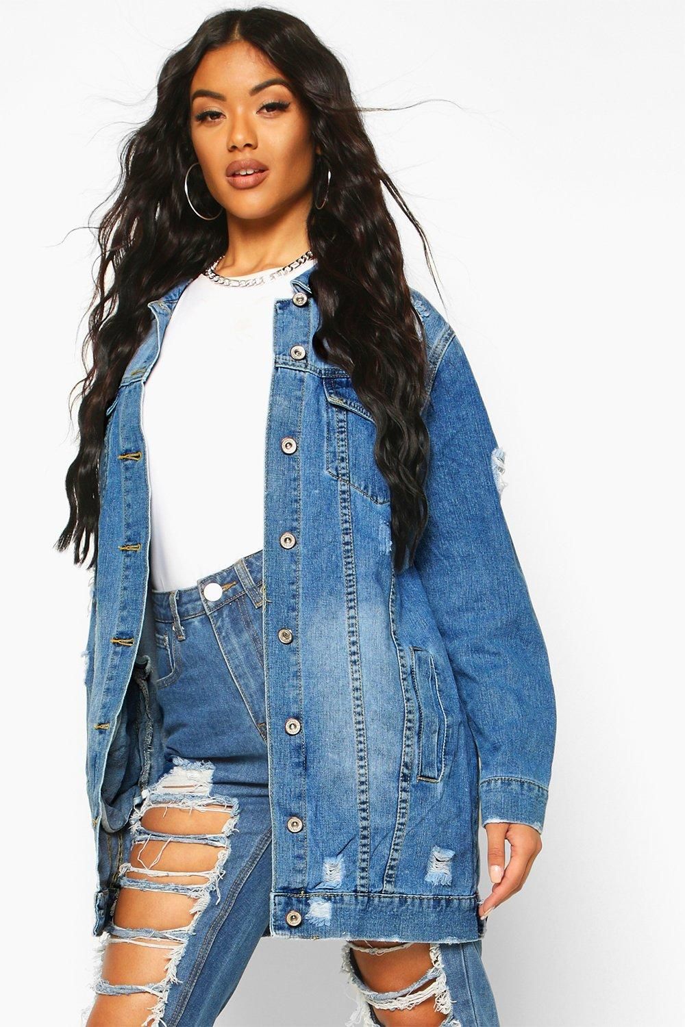 Longline Distressed Denim Jacket | Boohoo.com (US & CA)