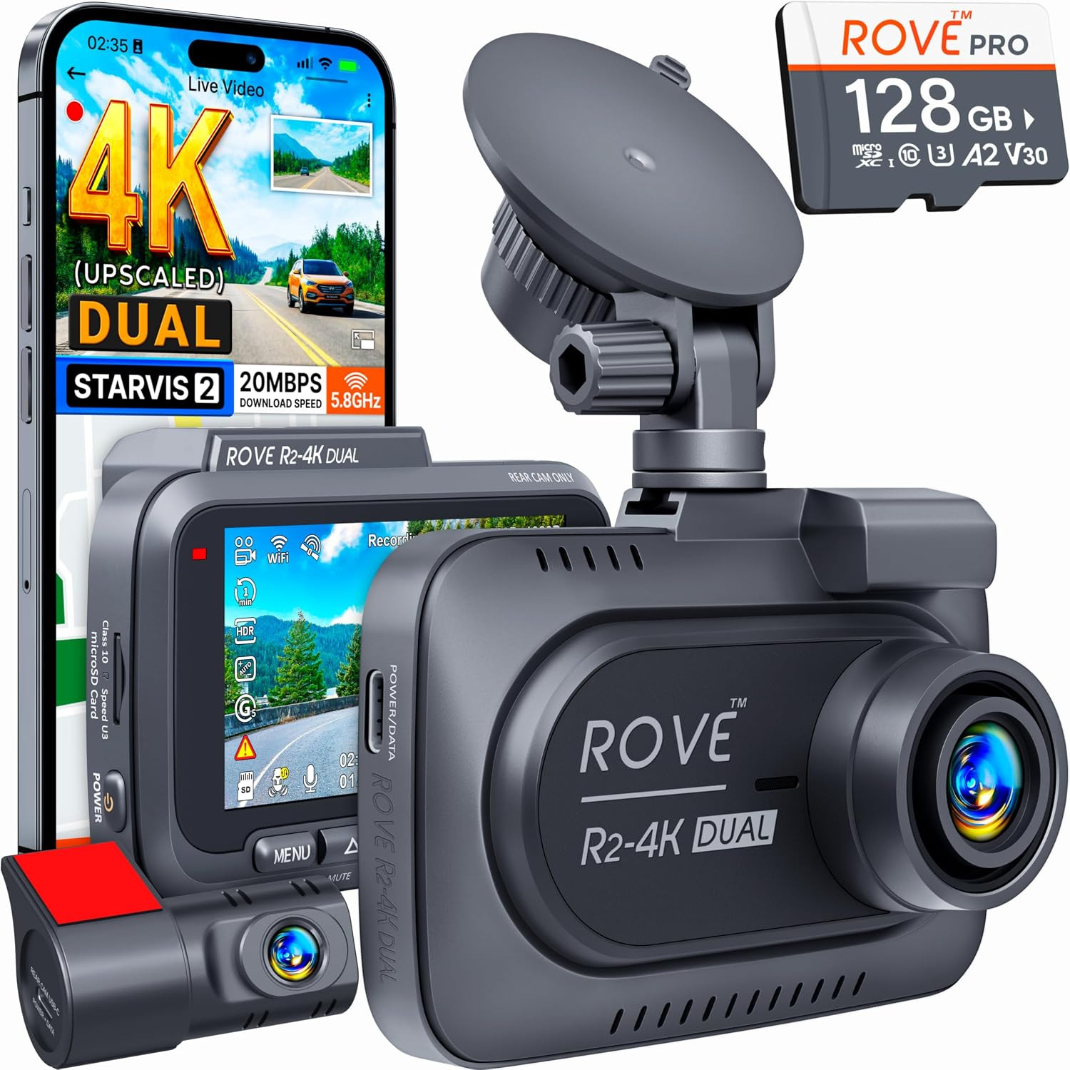 ROVE R2-4K DUAL Dash Cam Front and Rear, STARVIS 2 Sensor, FREE 128GB Card Included, 5G WiFi - up to 20MB/s Fastest Download Speed with App, 4K 2160P/FHD Dash Camera for Cars, 3" IPS, 24H Parking Mode | Amazon (US)