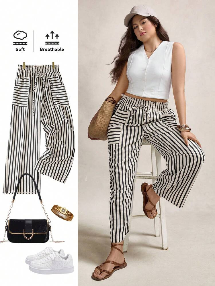 Zelara Plus-Size Women'S Rainbow-Striped Spring/Summer Casual Fashion Baggy High-Waisted Frill Lace Waist Lace-Up Pants For Women Summer Outfits For Women Summer Clothes Cute Summer Bottoms Fall Women Clothes Back To School Homecoming Business Casual Woman Basic Stockholm Style Teacher Outfits For Women | SHEIN