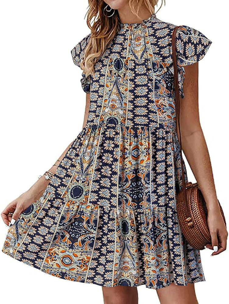 KIRUNDO 2024 Women's Sleeveless Ruffle Sleeve Crew Neck Floral Print Mini Dress Casual Loose Flow... | Amazon (US)