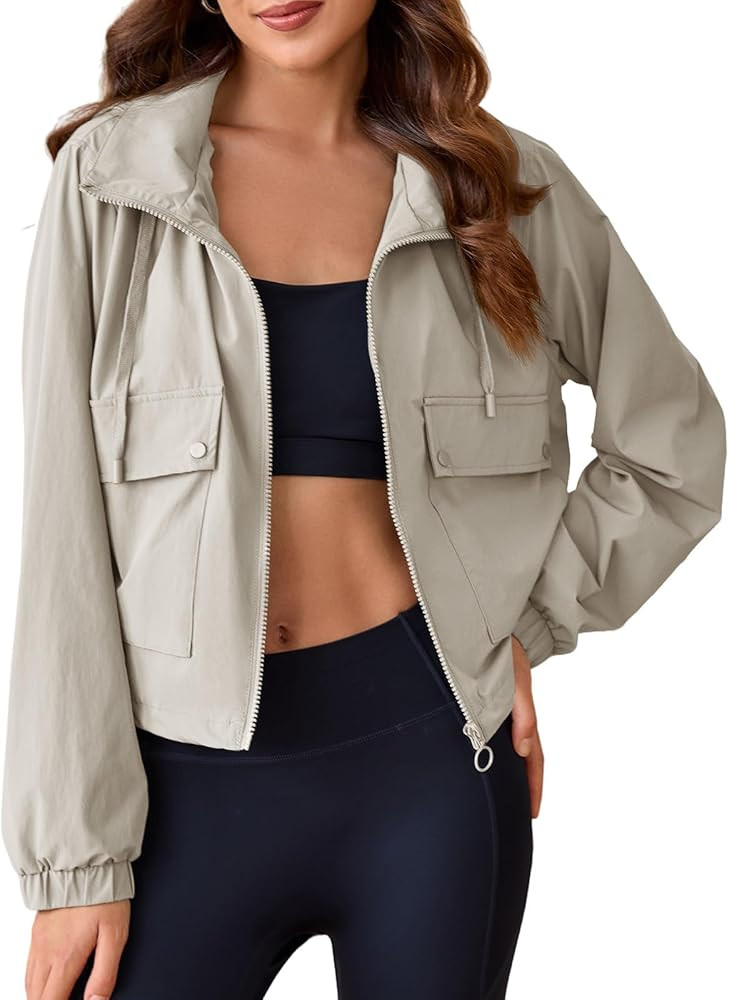 Tankaneo Womens Lightweight Cropped Jackets Hooded Long Sleeve Zipper Anorak Coat with Pockets | Amazon (US)