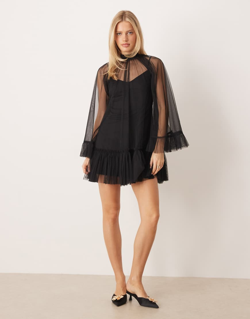 Lace & Beads high neck sheer sleeve mini dress in black | ASOS (Global)