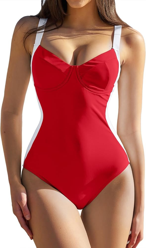 QINSEN Womens Color Block One Piece Bathing Suit V Neck Seamed Cup Swimsuit Lace Up Back Monokini | Amazon (US)