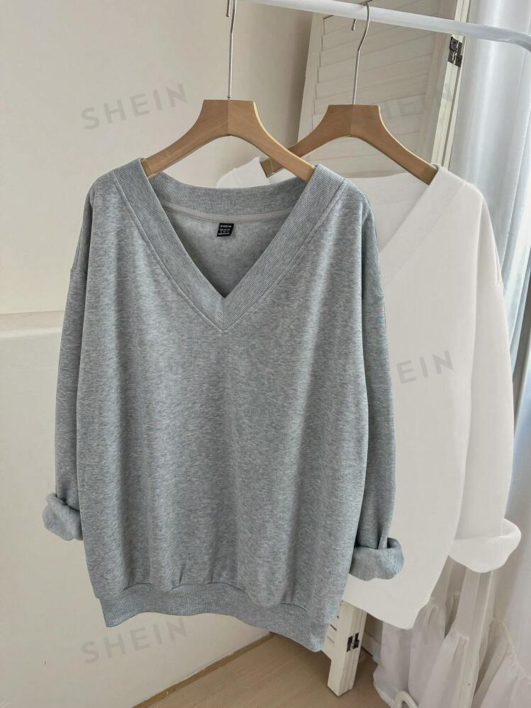 SHEIN LUNE 2pcs/Set Plus Size V-Neck Loose Fitted Fleece Pullover Sweatshirt, Suitable For Autumn... | SHEIN