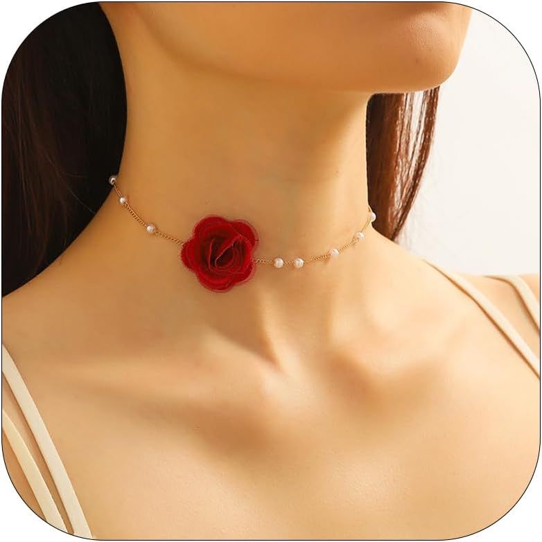Rose Flower Choker Necklace Vintage Pearl Choker Necklace for Women Floral Choker Rose Choker Bri... | Amazon (US)