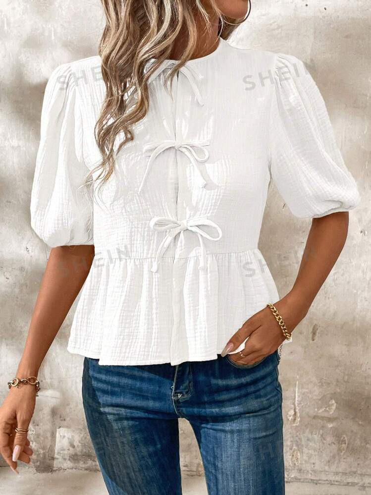 SHEIN Clasi Women's Summer Tie Front Cropped Ruffle Hem Puff Sleeve Cute Peter Pan Collar Blouse ... | SHEIN